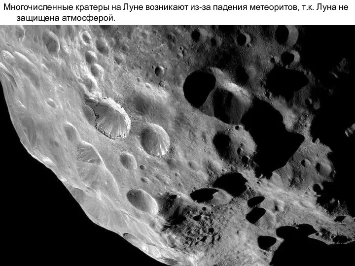 Многочисленные кратеры на Луне возникают из-за падения метеоритов, т.к. Луна не защищена атмосферой.
