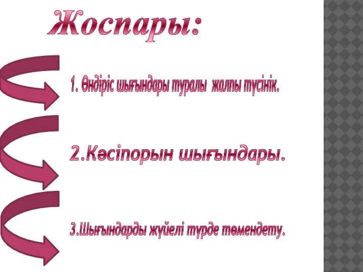 Жоспары: 1. Өндіріс шығындары туралы жалпы түсінік. 2.Кәсіпорын шығындары. 3.Шығындарды жүйелі түрде төмендету.