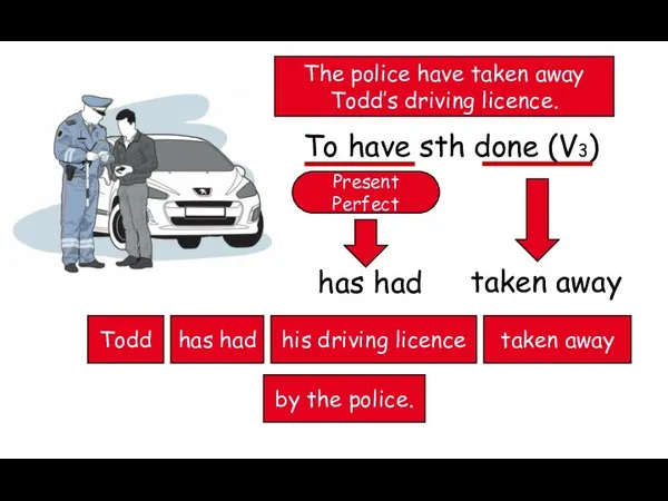 The police have taken away Todd’s driving licence. To have sth done