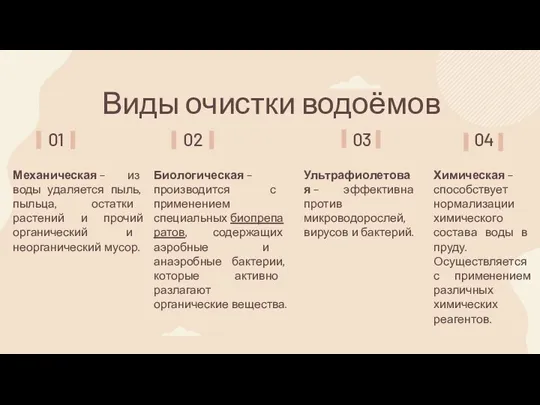 Виды очистки водоёмов Механическая – из воды удаляется пыль, пыльца, остатки растений