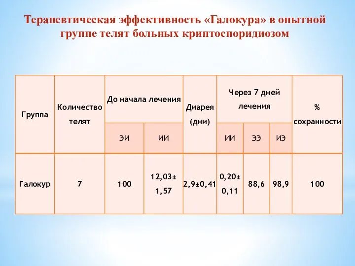 Терапевтическая эффективность «Галокура» в опытной группе телят больных криптоспоридиозом