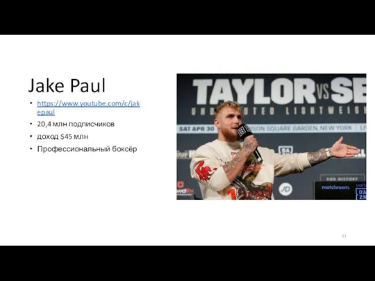 Jake Paul https://www.youtube.com/c/jakepaul 20,4 млн подписчиков доход $45 млн Профессиональный боксёр