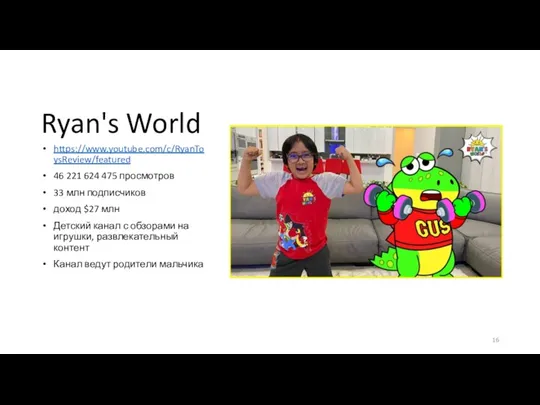 Ryan's World https://www.youtube.com/c/RyanToysReview/featured 46 221 624 475 просмотров 33 млн подписчиков доход