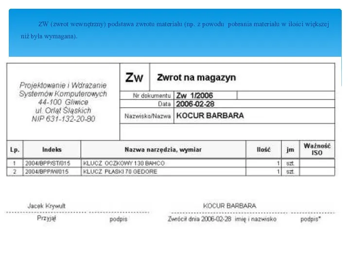 ZW (zwrot wewnętrzny) podstawa zwrotu materiału (np. z powodu pobrania materiału w