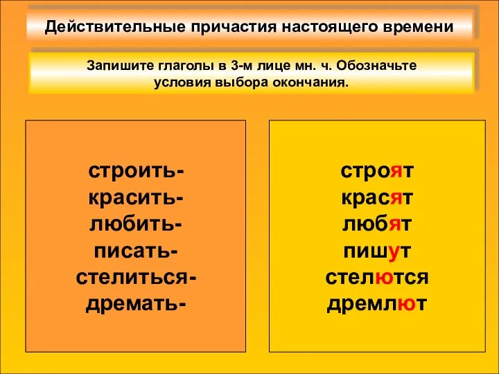 Действительные причастия настоящего времени строить- красить- любить- писать- стелиться- дремать- строят красят