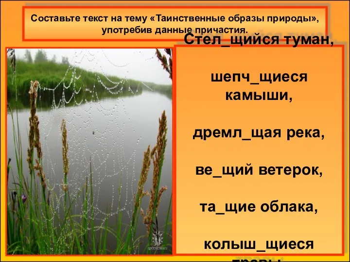 Составьте текст на тему «Таинственные образы природы», употребив данные причастия. Стел_щийся туман,