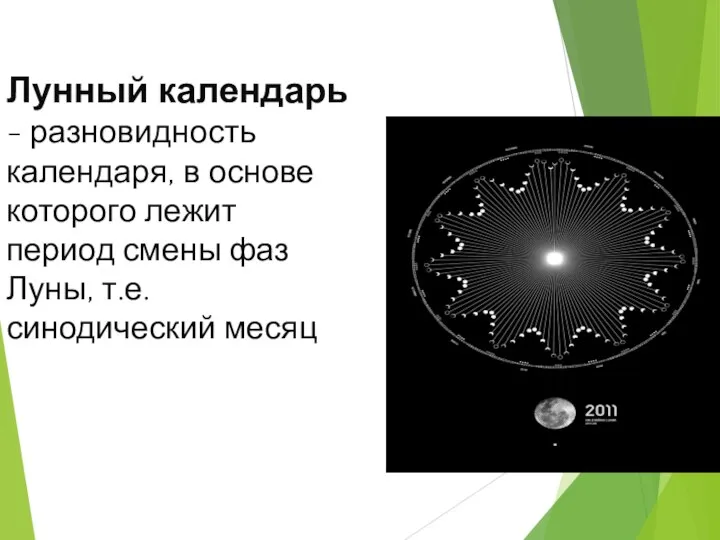 Лунный календарь - разновидность календаря, в основе которого лежит период смены фаз Луны, т.е. синодический месяц