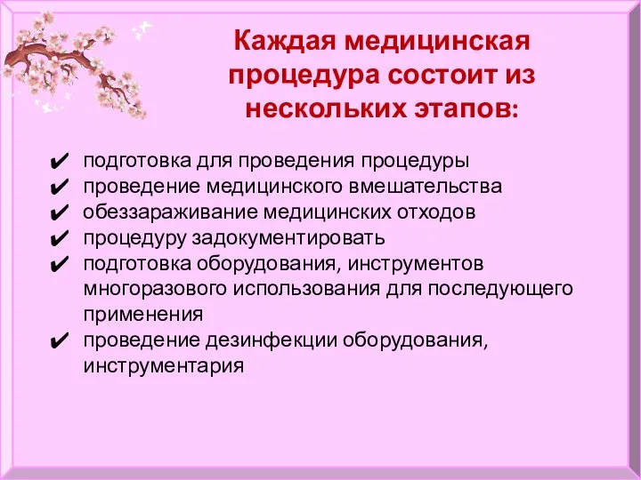 Каждая медицинская процедура состоит из нескольких этапов: подготовка для проведения процедуры проведение