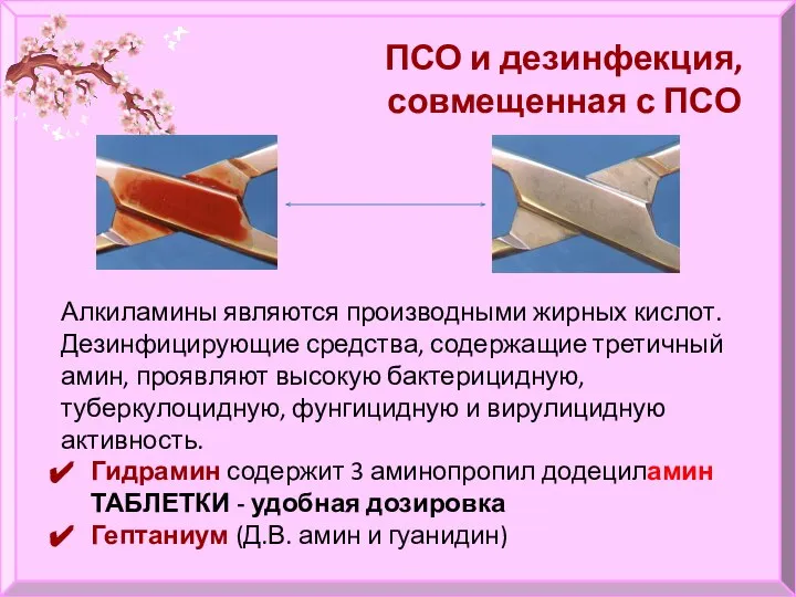 ПСО и дезинфекция, совмещенная с ПСО Алкиламины являются производными жирных кислот. Дезинфицирующие