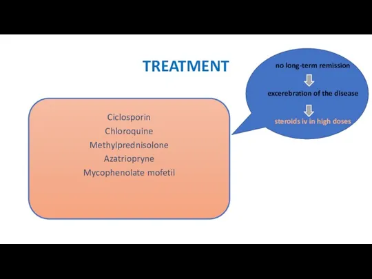 TREATMENT no long-term remission excerebration of the disease steroids iv in high doses