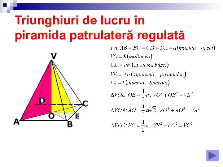 Triunghiuri de lucru în piramida patrulateră regulată