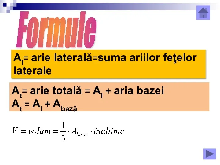 Formule Al= arie laterală=suma ariilor feţelor laterale At= arie totală = Al