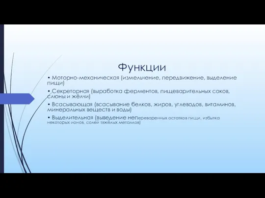 Функции • Моторно-механическая (измельчение, передвижение, выделение пищи) • Секреторная (выработка ферментов, пищеварительных