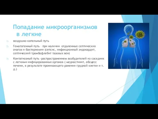 Попадание микроорганизмов в легкие воздушно-капельный путь Гематогенный путь – при наличии отдаленных