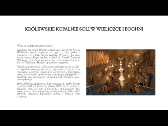 KRÓLEWSKIE KOPALNIE SOLI W WIELICZCE I BOCHNI Wpis na podstawie kryterium IV