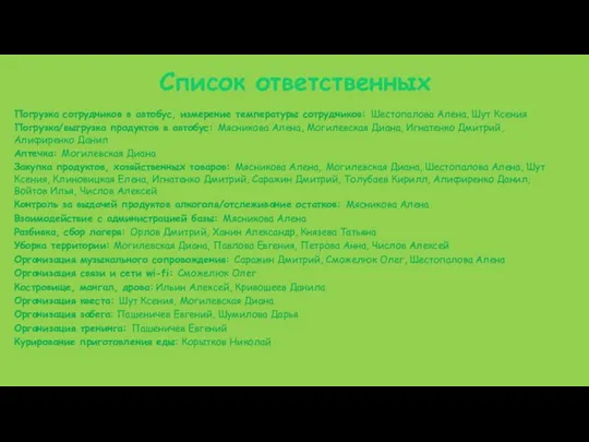 Список ответственных Погрузка сотрудников в автобус, измерение температуры сотрудников: Шестопалова Алена, Шут