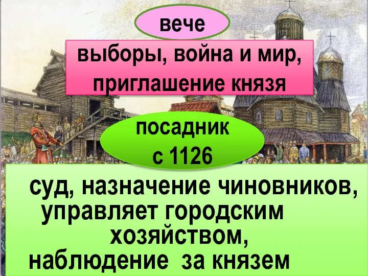 вече выборы, война и мир, приглашение князя суд, назначение чиновников, управляет городским