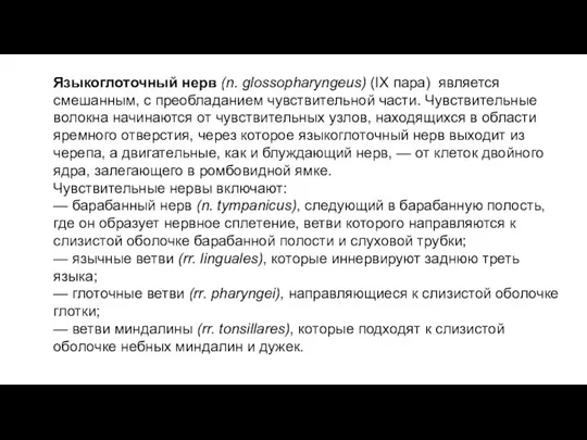 Языкоглоточный нерв (n. glossopharyngeus) (IX пара) является смешанным, с преобладанием чувствительной части.