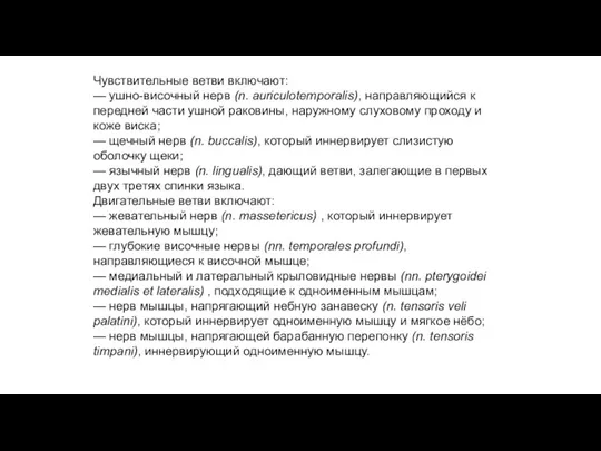 Чувствительные ветви включают: — ушно-височный нерв (n. auriculotemporalis), направляющийся к передней части