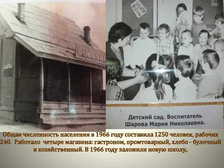 Общая численность населения в 1966 году составила 1250 человек, рабочих 240. Работало