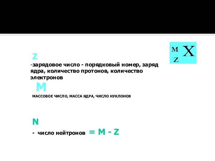 М МАССОВОЕ ЧИСЛО, МАССА ЯДРА, ЧИСЛО НУКЛОНОВ Z -зарядовое число - порядковый