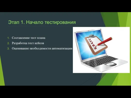 Этап 1. Начало тестирования Составление тест плана Разработка тест кейсов Оценивание необходимости автоматизации