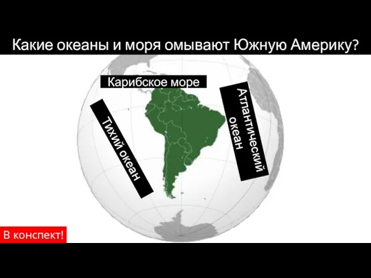 Какие океаны и моря омывают Южную Америку? Атлантический океан Тихий океан Карибское море В конспект!