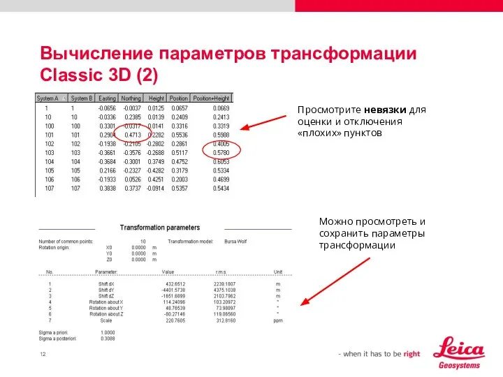 Вычисление параметров трансформации Classic 3D (2) Просмотрите невязки для оценки и отключения