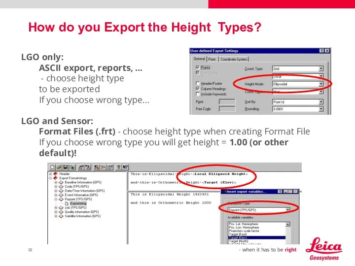 How do you Export the Height Types? LGO only: ASCII export, reports,