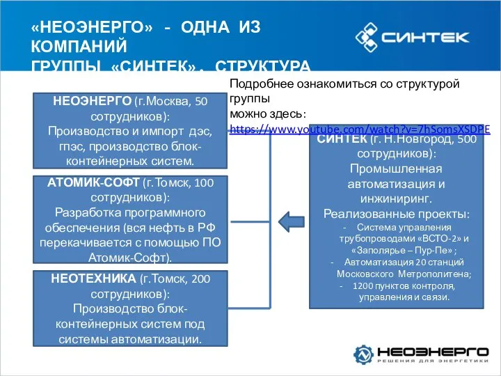 «НЕОЭНЕРГО» - ОДНА ИЗ КОМПАНИЙ ГРУППЫ «СИНТЕК». СТРУКТУРА ГРУППЫ. СИНТЕК (г. Н.Новгород,