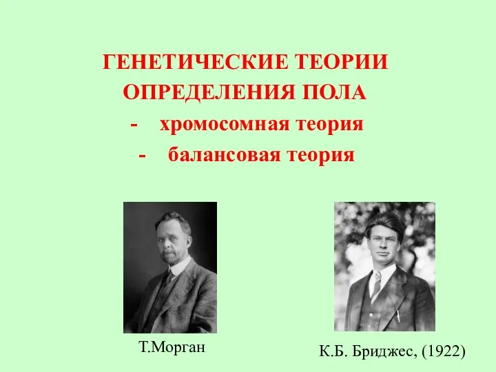 ГЕНЕТИЧЕСКИЕ ТЕОРИИ ОПРЕДЕЛЕНИЯ ПОЛА хромосомная теория балансовая теория К.Б. Бриджес, (1922) Т.Морган