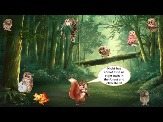 Night has come! Find all eight owls in the forest and click them!