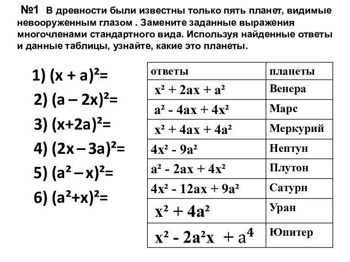 1) (x + a)²= 2) (a – 2x)²= 3) (x+2a)²= 4) (2x