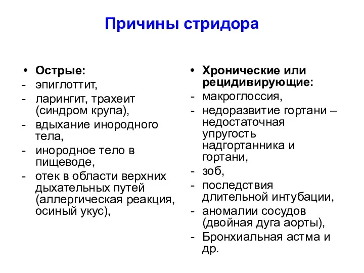 Причины стридора Острые: - эпиглоттит, - ларингит, трахеит (синдром крупа), - вдыхание