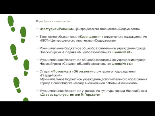 Партнёрами проекта стали: Изостудия «Росинка» Центра детского творчества «Содружество» Творческое объединение «Карандашкин»