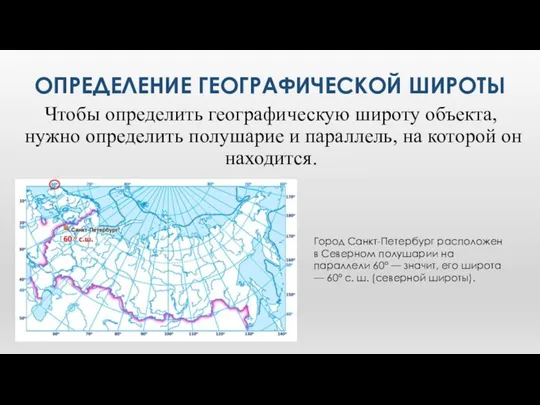 ОПРЕДЕЛЕНИЕ ГЕОГРАФИЧЕСКОЙ ШИРОТЫ Чтобы определить географическую широту объекта, нужно определить полушарие и