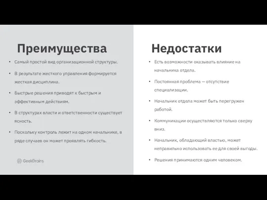 Самый простой вид организационной структуры. В результате жесткого управления формируется жесткая дисциплина.