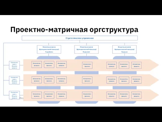 Проектно-матричная оргструктура Стратегическое управление Владелец ресурсов (функциональный менеджер) Разработка Руководитель проекта (Владелец