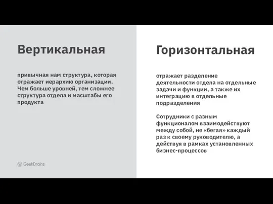 Вертикальная привычная нам структура, которая отражает иерархию организации. Чем больше уровней, тем