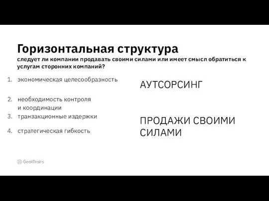 экономическая целесообразность необходимость контроля и координации транзакционные издержки стратегическая гибкость Горизонтальная структура