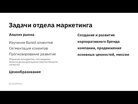 Задачи отдела маркетинга Анализ рынка Изучение болей клиентов Сегментация клиентов Прогнозирование развития