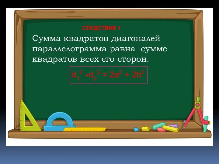 Сумма квадратов диагоналей параллелограмма равна сумме квадратов всех его сторон. СЛЕДСТВИЕ 1