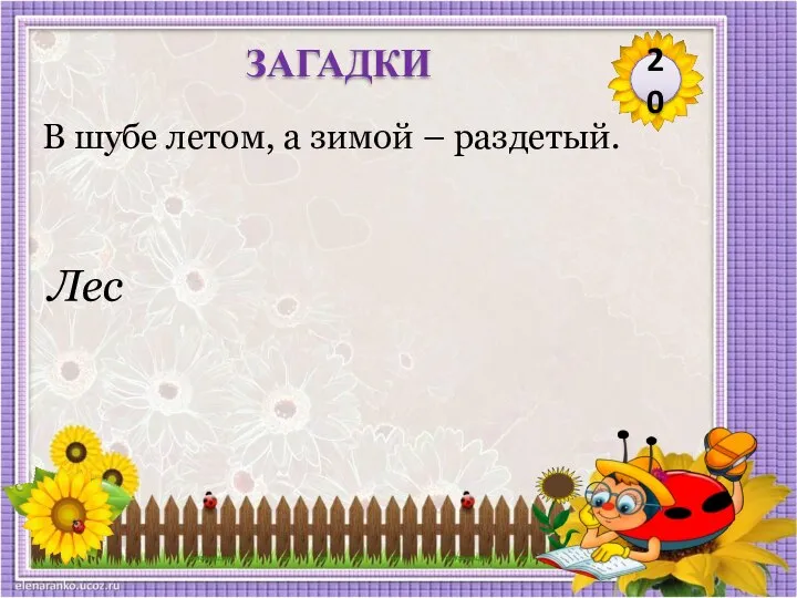 Лес В шубе летом, а зимой – раздетый. 20 ЗАГАДКИ