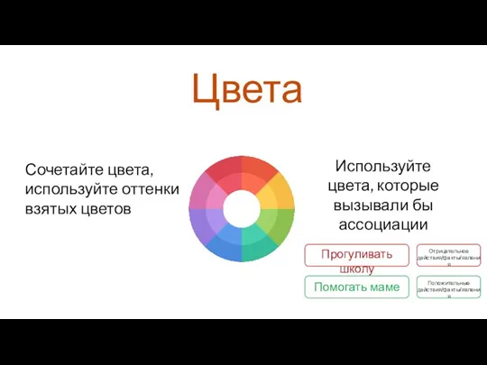 Цвета Сочетайте цвета, используйте оттенки взятых цветов Используйте цвета, которые вызывали бы