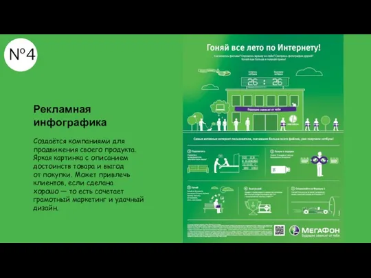 №4 Рекламная инфографика Создаётся компаниями для продвижения своего продукта. Яркая картинка с