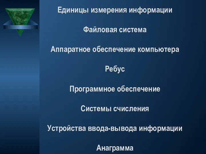 История развития вычислительной техники Единицы измерения информации Файловая система Аппаратное обеспечение компьютера