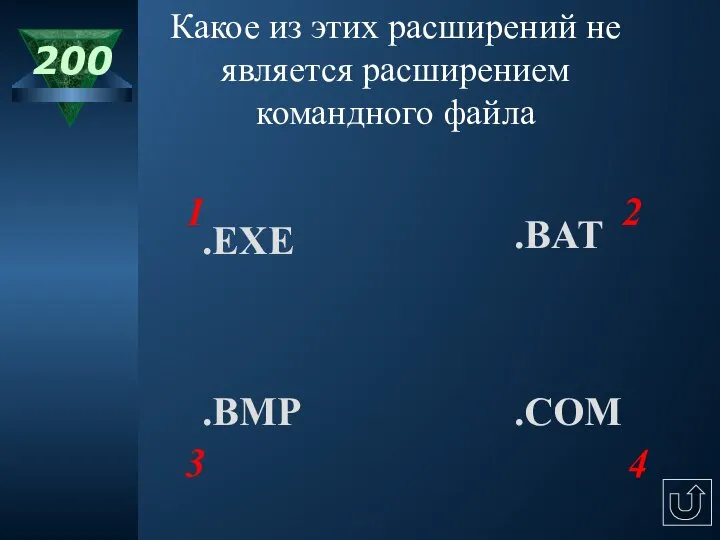 200 .EXE .COM .BMP .BAT 1 2 3 4 Какое из этих