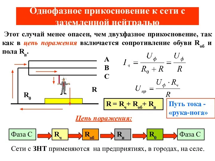 Однофазное прикосновение к сети с заземленной нейтралью Этот случай менее опасен, чем