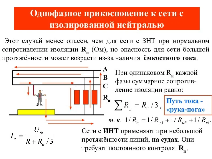 Однофазное прикосновение к сети с изолированной нейтралью Этот случай менее опасен, чем