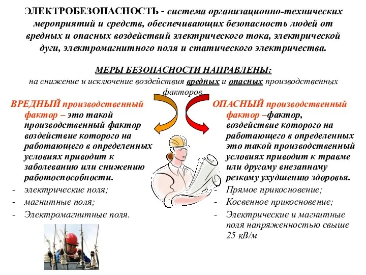 ЭЛЕКТРОБЕЗОПАСНОСТЬ - система организационно-технических мероприятий и средств, обеспечивающих безопасность людей от вредных